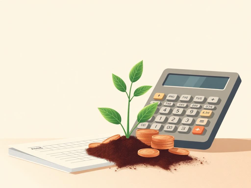 Charity finances growing - a plant rising from coins beside a calculator